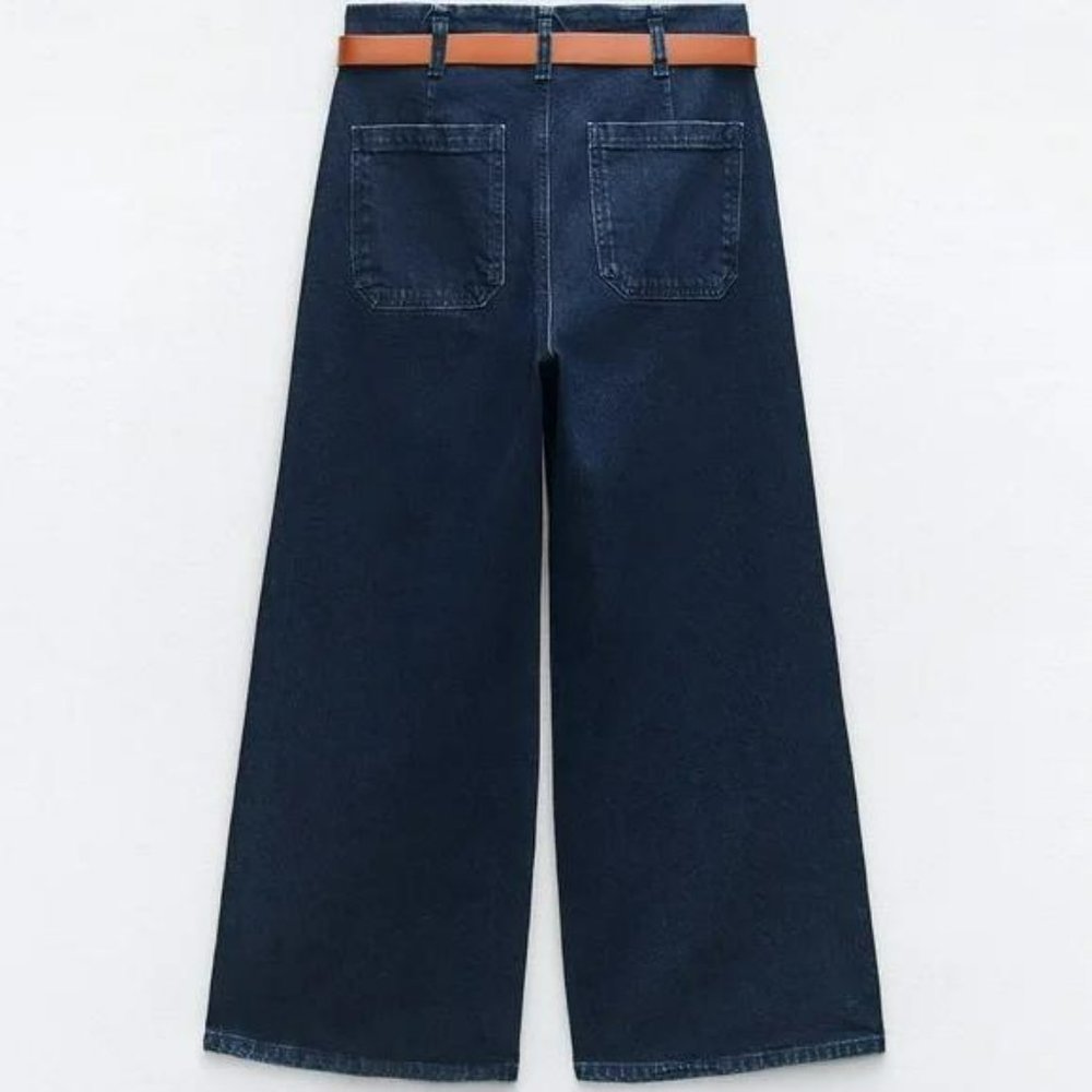 ZARA Z1975 BELTED HIGH RISE CROPPED WIDE LEG JEANS - Picture 3 of 3